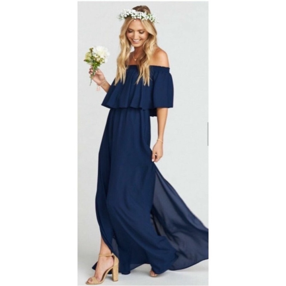 Show Me Your Mumu Hacienda Strapless Ruffle Rich Navy Blue Maxi Dress Sz XS NWT